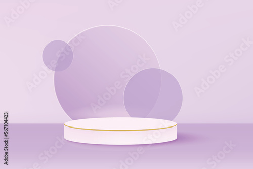 Circle podium with translucent round glassmorphism on purple background. Pedestal pastel minimal showcase mockup. Stage for display of product design. 3d illustration.