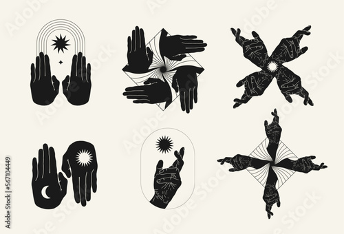 Vector collection of minimalistic geometric elements and  illustrations of human hands. Creative hand drawn abstract artwork . Template for card, poster, banner, print for t-shirt, pin, badge, patch.