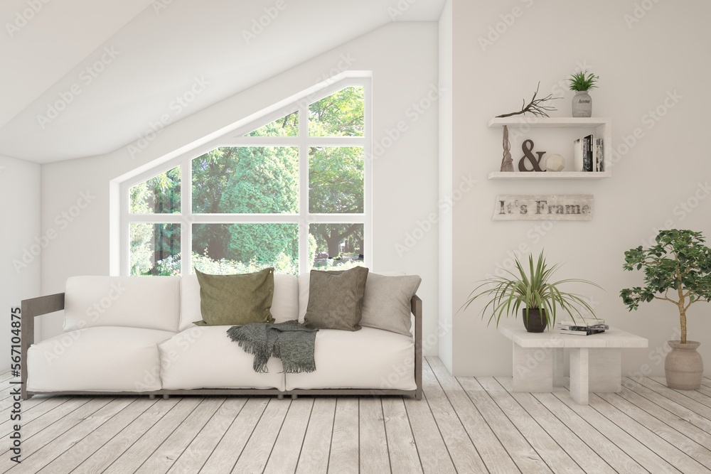 Fototapeta premium White living room with sofa and summer landscape in window. Scandinavian interior design. 3D illustration