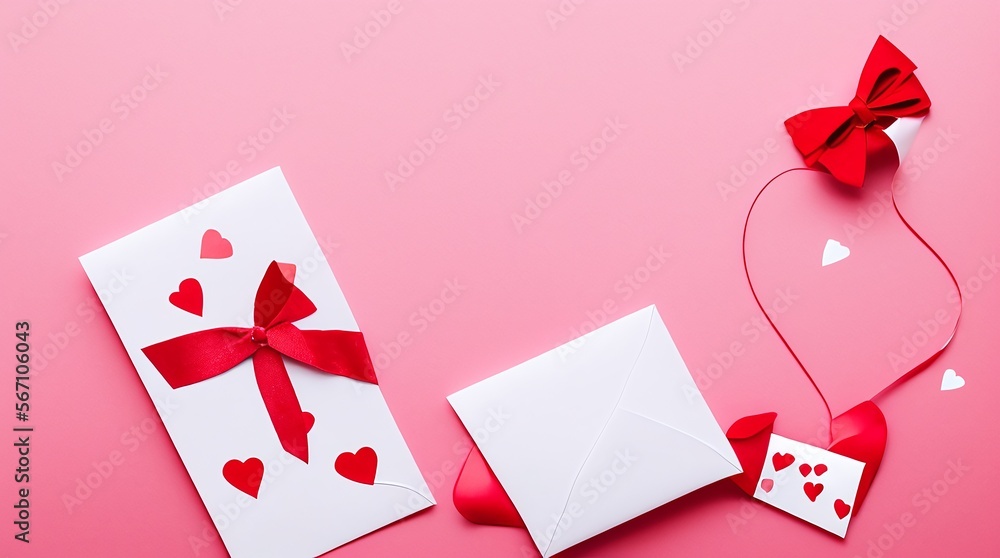 Fondo de San Valentín con sobre, tarjeta de papel y corazones rojos para un mensaje de amor romántico, IA Generativa Fondo de San Valentín con sobre, tarjeta de papel y corazones rojos para un mensaje de amor romántico, IA Generativa
