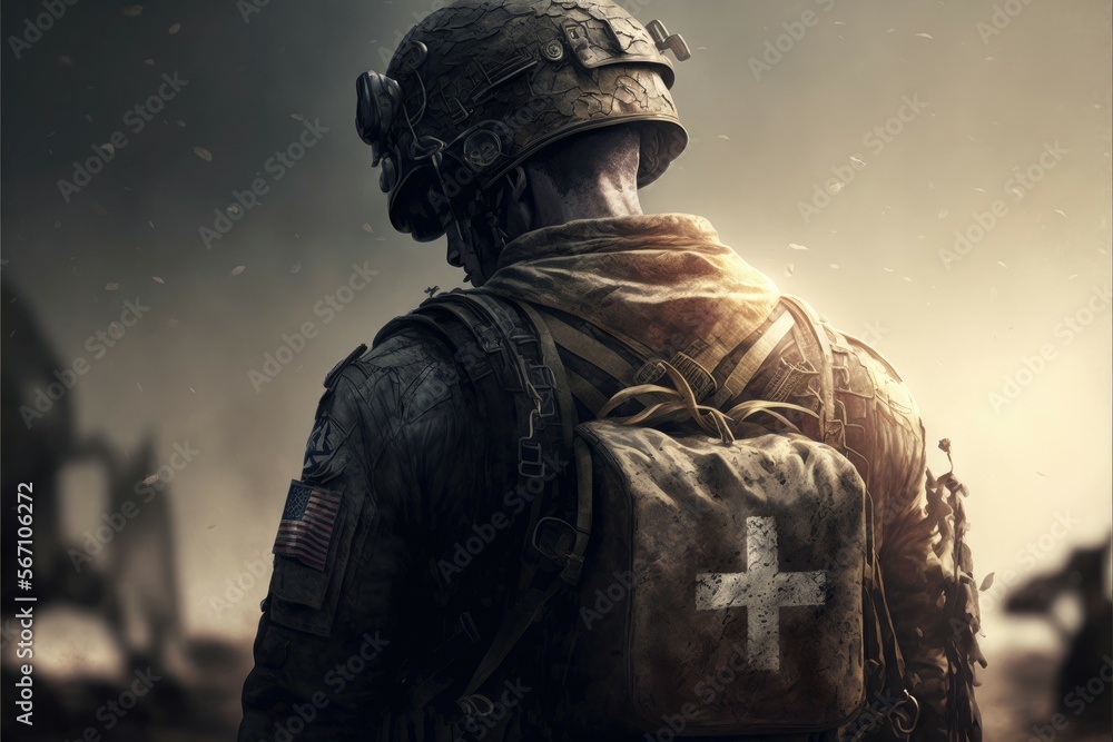 Soldier, War, Sacrifice and Hero. Brave veteran back view. Generative AI