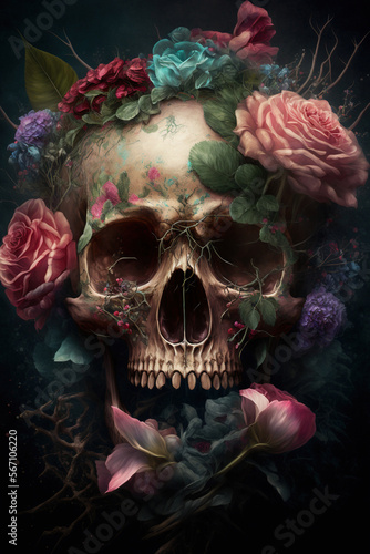 Skull and roses on a black background. AI 