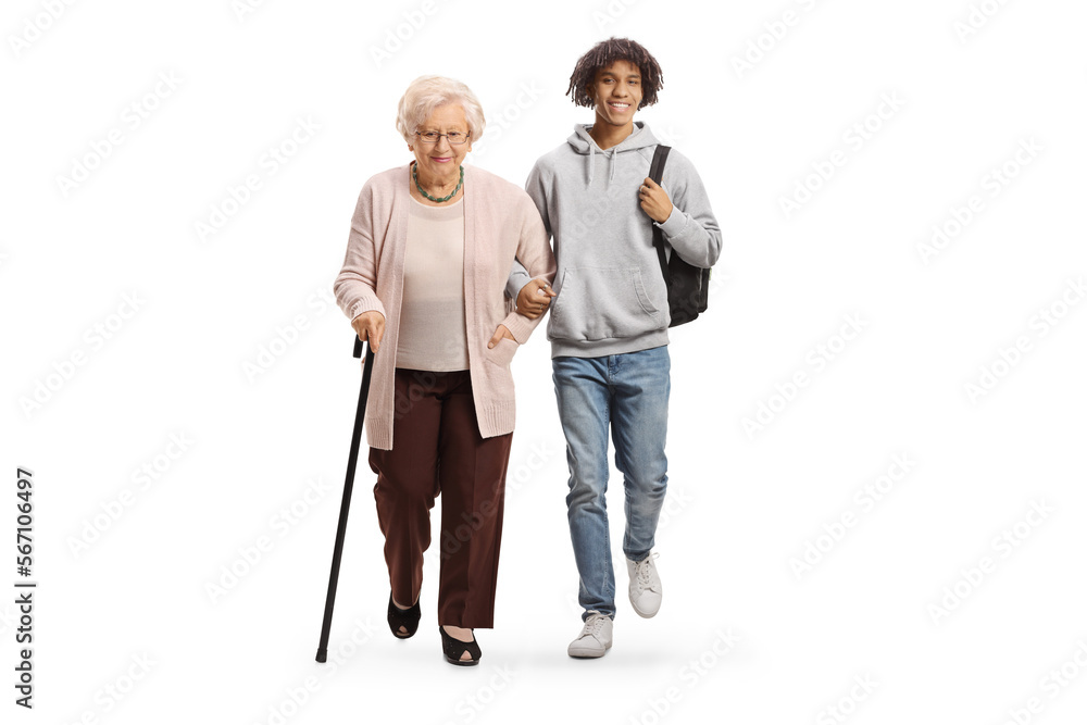 Full length portrait of an american african young man helping an elderly woman Full length portrait of an american african young man helping an elderly woman