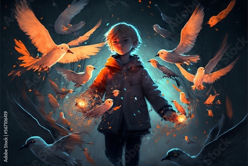 The little boy with angel wings holding a glowing ball running through group of birds, digital art style, illustration painting