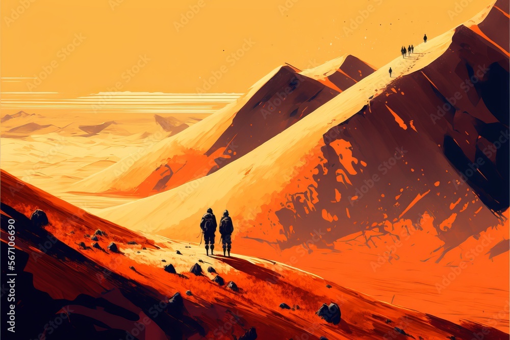 Fototapeta premium The most talented hikers climb up to the sand dune in the red desert, digital art style, illustration