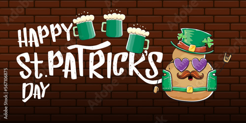 Happy saint patricks day greeting horizontal banner with funky leprechaun rock star potato character with green particks hat, beer and text isolated on brick background. vegetable funky character