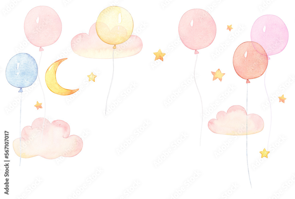 Watercolor Illustration Of The colorful Balloons, pink clouds, Moon and Stars