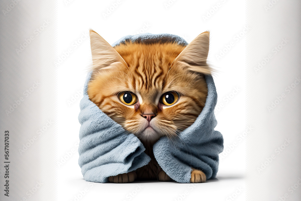 cute cat covered in blanket with white background, ai generated Stock