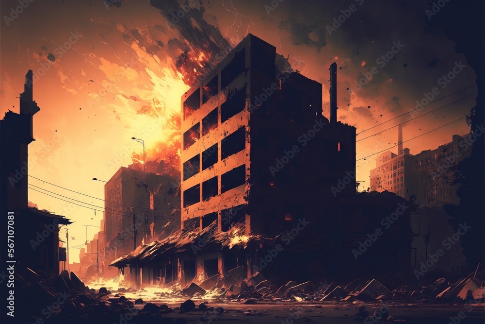 Dangerous scene of apocalyptic explosion with many fragment of buildings, digital art style, illustration 