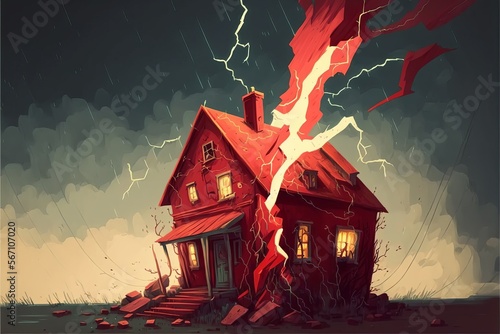The most red tornado with lightning destroying the little old house, digital art style, illustration painting 
