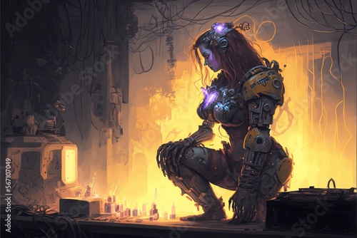Restore the power to the last one. Female robot repairing itself in the factory, digital art style, illustration painting