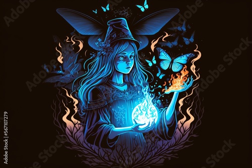 The most powerful witch summons a glowing blue butterfly with magic power, vector illustration