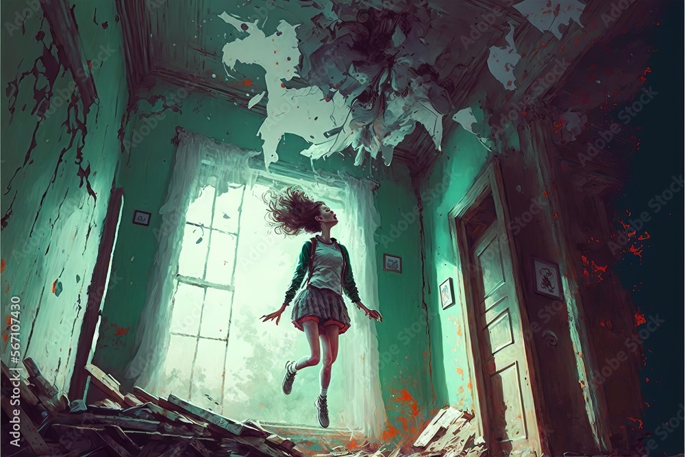 The youngest woman floating in the air in an abandoned house, digital art style, illustration painting