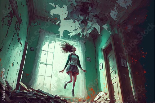 The youngest woman floating in the air in an abandoned house, digital art style, illustration painting