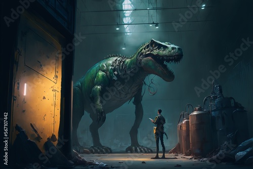 Best image with A hunter looked at the captured T-rex in an abandoned lab, digital art style, illustration painting  photo