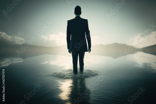 backside of a businessman walking in the ocean, ai generated © wernerimages