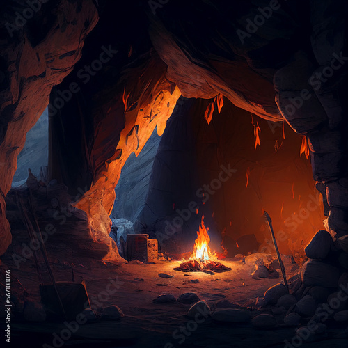Cave Camp Campfire Fire Flames Heat Red Orange Blue Wood Generative AI Tools Technology illustration