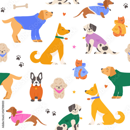 Seamless pattern with cute dogs and a cat wearing colorful winter outfits. Colorful hand drawn background vector illustration.