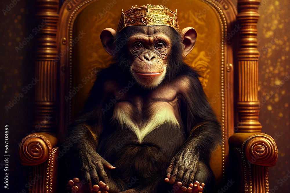 Chimpanzee king wearing golden crown sitting on the wooden throne - obrazy, fototapety, plakaty 