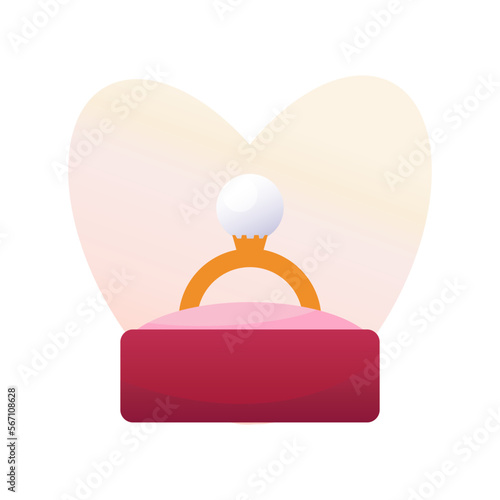 Gold ring with pearls in red box. Fashionable pearl jewelry. Precious jewelry concept. Gift to woman. Valentine's Day greeting card. Declaration of love. Vector illustration