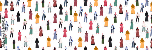Seamless pattern with modern independent Muslim women in a stylish outfit. Women's struggle for freedom, independence, equality. International women's day, hijab day.