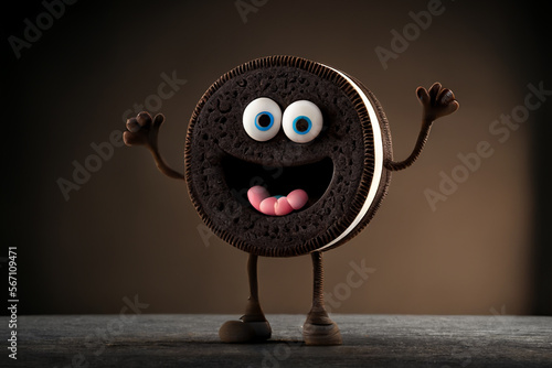 Cartoon character oreo cookie food, Funny cheering and smiling, Generative ai photo