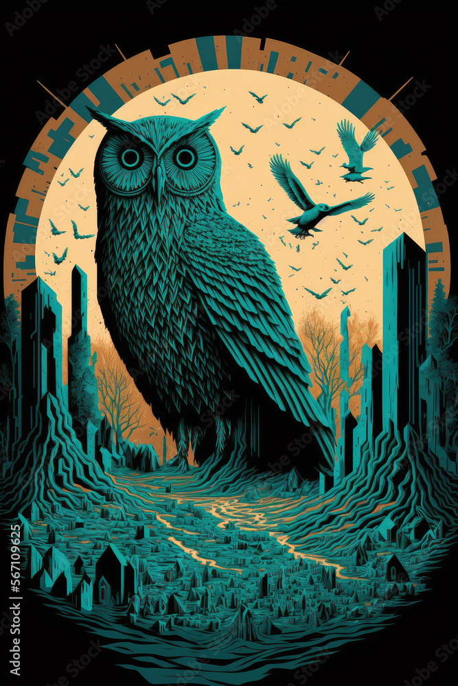 the eerie fantasy of a mighty owl in front of a post-apocalyptic