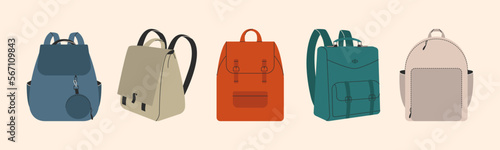 Cartoon backpack set. Doodle rucksack with pocket and zipper, flat fashion city bag, school satchel. Vector collection