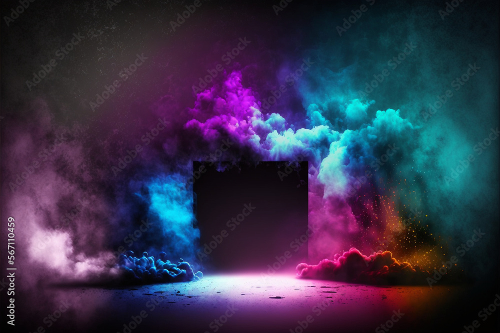 The dark stage shows, empty dark blue, purple, pink background, neon light, spotlights, The asphalt floor and studio room with smoke float up the interior texture for display products - obrazy, fototapety, plakaty 
