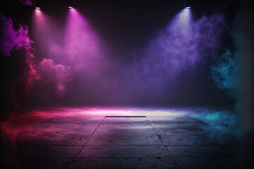 The dark stage shows, empty dark blue, purple, pink background, neon light, spotlights, The asphalt floor and studio room with smoke float up the interior texture for display products