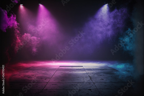 The dark stage shows, empty dark blue, purple, pink background, neon light, spotlights, The asphalt floor and studio room with smoke float up the interior texture for display products