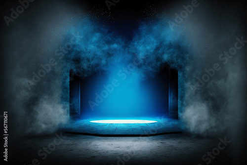 The dark stage shows, empty dark blue background, neon light, spotlights, The asphalt floor and studio room with smoke float up the interior texture for display products