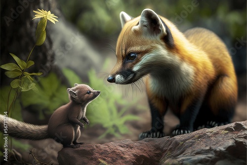  a painting of a fox and a baby fox on a rock in a forest with a flower in its mouth and a leaf in the foreground.  generative ai