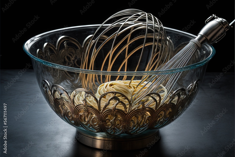  a glass bowl with a whisk in it on a black surface with a gold base and a black background with a black background.  generative ai