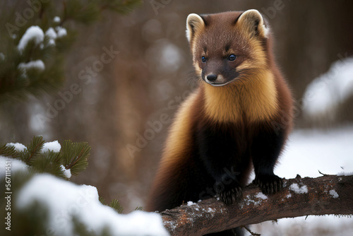  a wolverine standing on a tree branch in a snowy forest with snow on the ground and trees in the backgrouds of the picture. generative ai