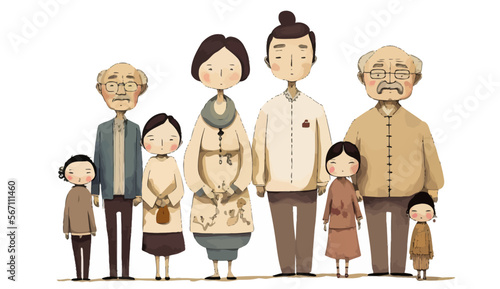 Vectorial illustration showing a Chinese family across generations. Perfect for capturing a special moment or highlighting a cultural feeling.
