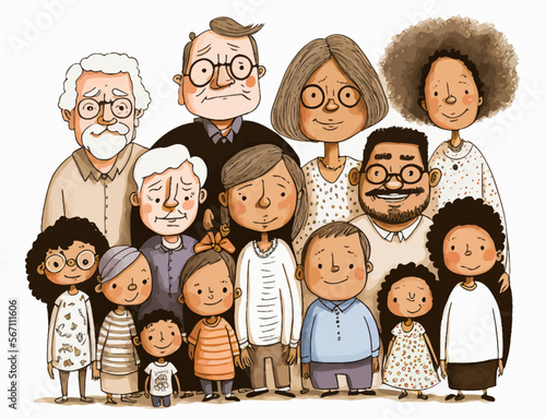 A vetorial portrait illustrating the mixing of several generations of a multiethnic family. A graphic design full of depth and emotion.