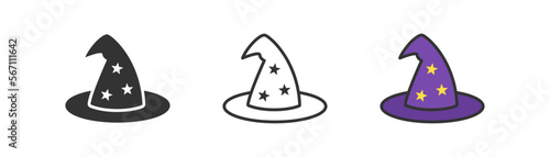 Wizard hat with stars icon on light background. Magic, mystery symbol. Halloween spooky costume element. Little witch. Outline, flat, and colored style. Flat design. Vector illustration.