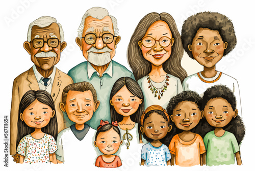 A colorful portrait featuring members of a large multicultural family, spanning several generations. Vector illustration of crossbreeding.
