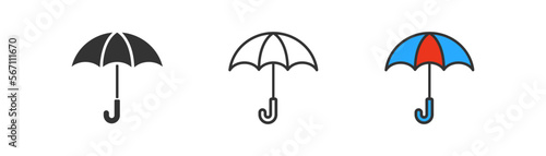 Umbrella icon. Waterproof symbol. Fragile package, wet protection concept. Parasol, spring, fall, autumn, rainy weather sign. Outline, flat, and colored style. Flat design. Vector illustration.
