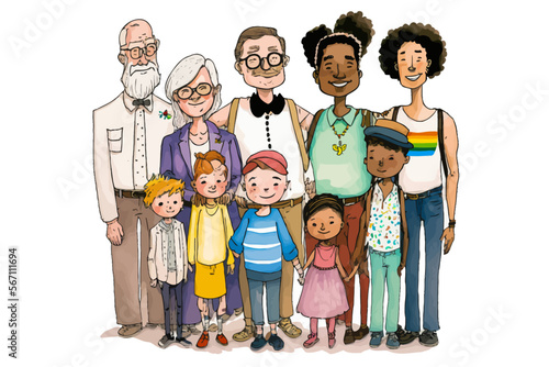 Delightful vector illustration representing a multiethnic family through generations. Successful crossbreeding, perfect for all applications denoting inclusion.