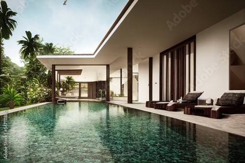 Luxury with tropical Jungle villa resort luxurious swimming pool. Generative AI illustration