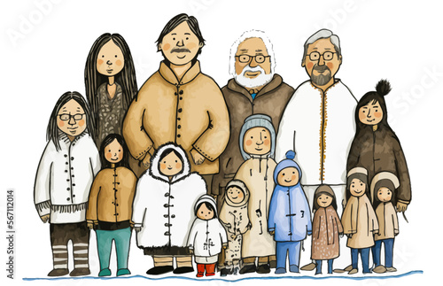 Vector illustration of a multigenerational Inuit family group. A perfect visual for depicting unity and familial connections.