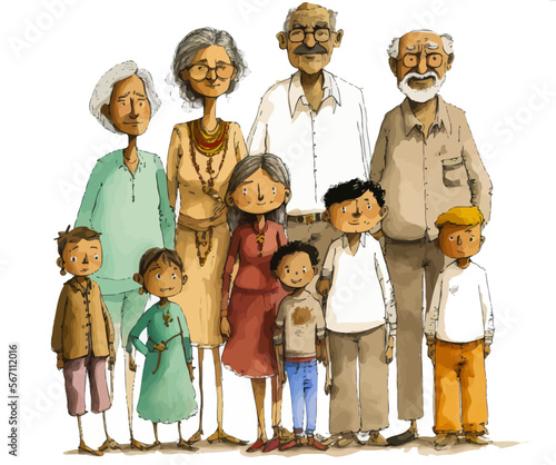 Vector illustration featuring an inter-generational Indian family, ideal for evoking emotion or adding a graphical element.