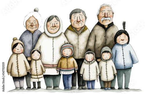 A portrait of an Eskimo family through the generations: detailed and rich vector illustration.