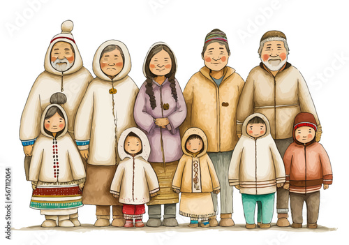 Multi-generational Eskimo family group. Touching vector illustration to use as a graphic or as a family photo.