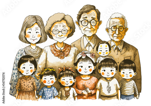 Vector illustration of a multi-generational Japanese family. Perfect for creating an emotional connection and conveying a message.