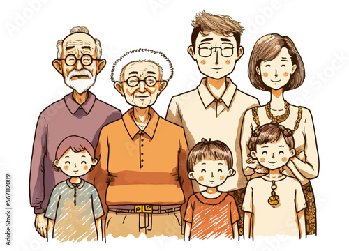 Group portrait of a multi-generational Japanese family, vector illustration. Perfect visual metaphor for the timelessness of family ties.