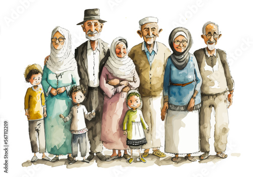 Vector illustration representing a Moroccan family with several generations of ties and affection to create an intimate and timeless atmosphere.