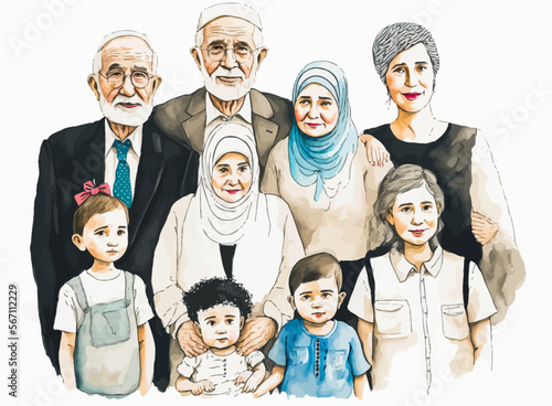 Vector illustration representing a Palestinian family with several generations. An emotional photo perfect for graphic use.